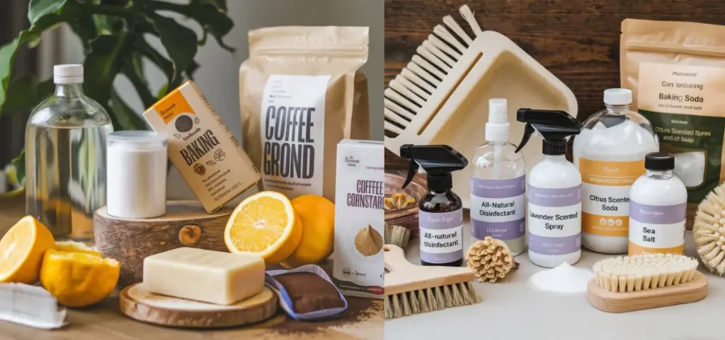 Various natural cleaning products arranged aesthetically, highlighting their effectiveness and eco-friendliness for home use.