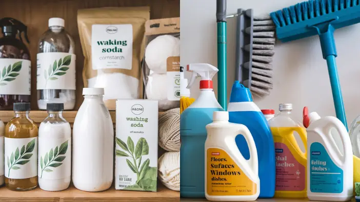 A shelf showcasing an assortment of cleaning products in various containers and colors, ready for household use.