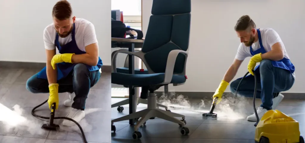 A man is engaged in cleaning a chair with a steam cleaner, effectively removing dirt and refreshing the fabric.