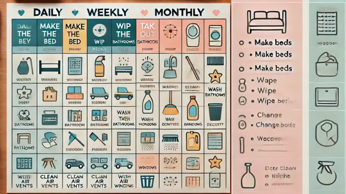 A visually organized poster showcasing a variety of cleaning supplies necessary for maintaining cleanliness and hygiene.