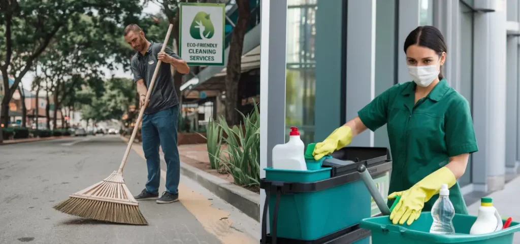 A woman cleans a street while a man sweeps nearby, showcasing teamwork in maintaining a clean environment.