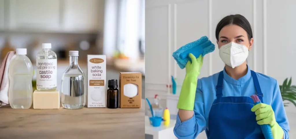 A selection of non-toxic cleaning products including Castile soap and baking soda on the left. On the right, a person in a mask and gloves holds cleaning supplies.