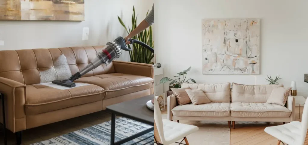 A brown leather sofa being vacuumed on the left and a similar sofa with cushions in a living room on the right.