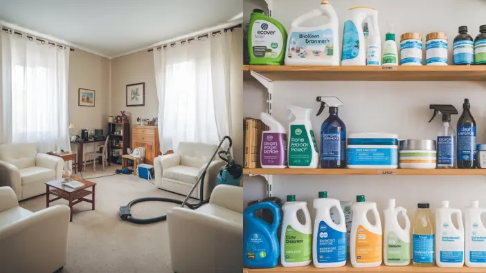 A living room filled with furniture and lots of cleaning products