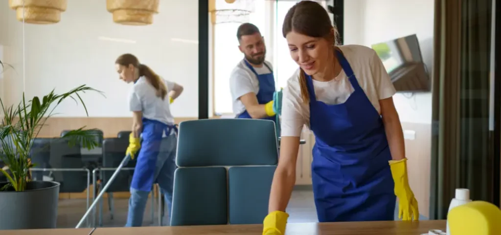 A woman wearing a blue apron is seen cleaning a table, emphasizing her attention to cleanliness and order.