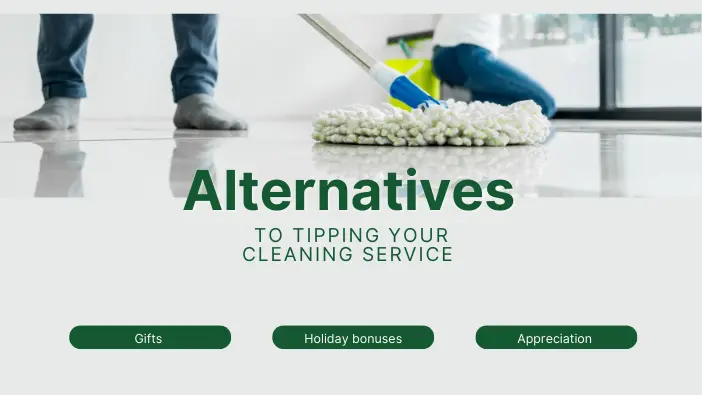 Image depicting various alternatives to tipping cleaning services, such as gift cards, positive reviews, and homemade treats.