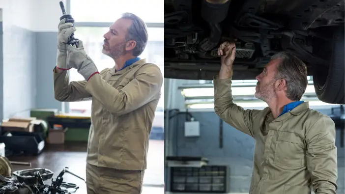 The images show a man engaged in car maintenance, illustrating his hands-on approach to automotive repair.