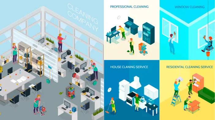 Vector illustration showcasing an isometric view of a cleaning service, featuring cleaning equipment and staff at work.