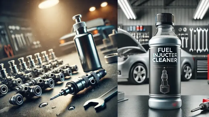 A car parked next to a bottle of fuel cleaner, highlighting vehicle maintenance and fuel efficiency.