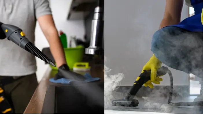 Two images of an individual using steam to clean a kitchen, highlighting the effectiveness of steam cleaning.