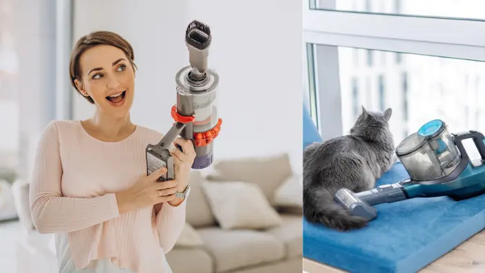 A woman is depicted with a vacuum cleaner in one hand and a cat in the other, capturing a scene of home and pet care.