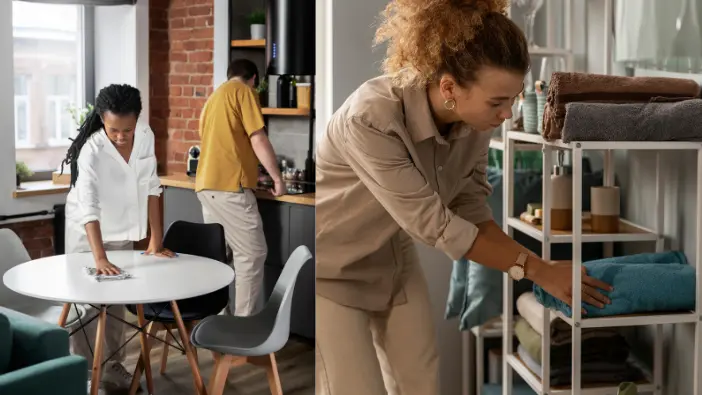 Two visuals illustrating people actively cleaning their home, highlighting different cleaning methods and environments.