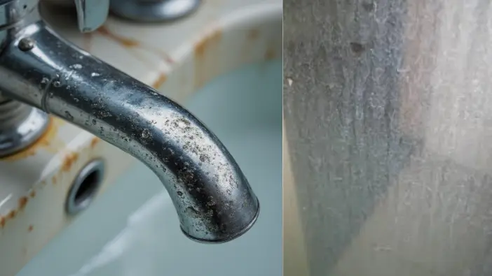 A dirty bathroom sink with a faucet, accompanied by a grimy shower, highlighting poor cleanliness and maintenance.