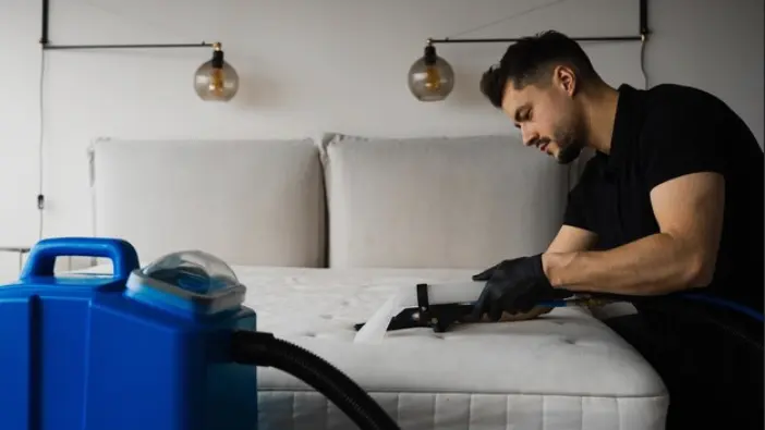 A man using a vacuum cleaner to clean a mattress, ensuring a fresh and hygienic sleeping surface.