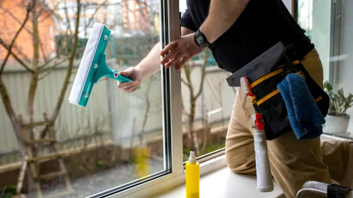 A man using a squeegee to clean a window, ensuring a clear and spotless surface.